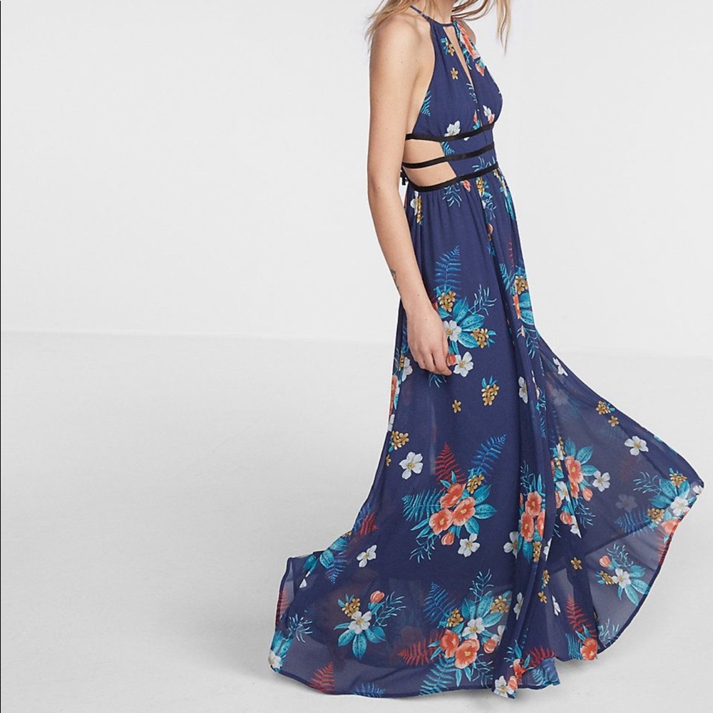 Express Blue floral maxi dress with cut outs